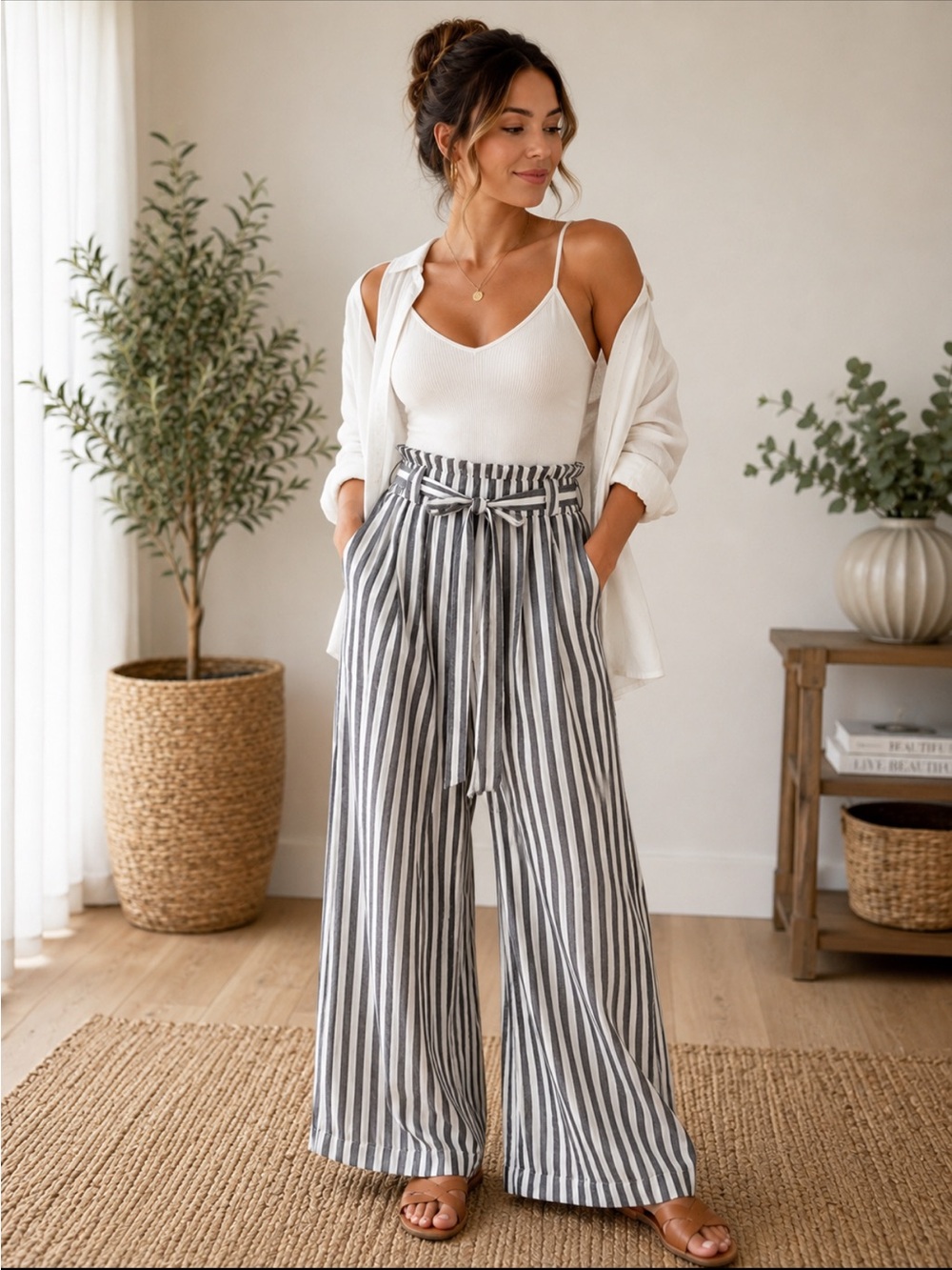 American Eagle Striped Paperbag Wide Leg Pants | Tie Waist | Lined | Size S